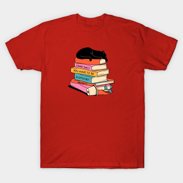 Books and Plant Black Cat in orange T-Shirt by The Charcoal Cat Co.
